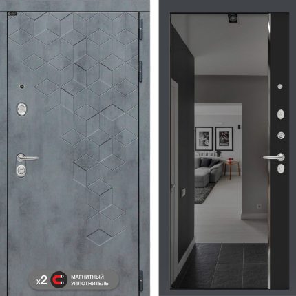 Входная дверь Бетон с зеркалом Панорама с тонировкой - Черный кварц