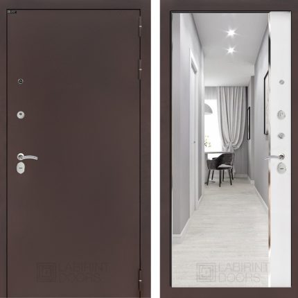 Входная дверь CLASSIC антик медный с зеркалом Панорама - Белый софт