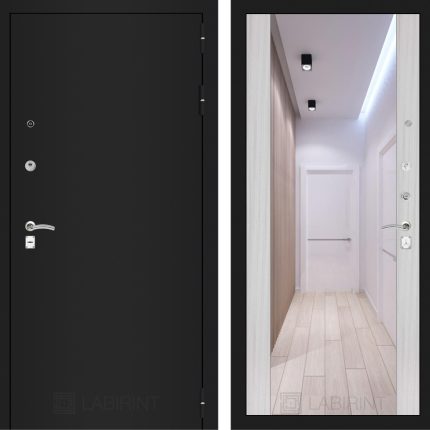 Входная дверь CLASSIC шагрень черная с Зеркалом Максимум - Сандал белый