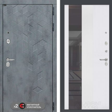 Входная дверь Бетон с Зеркалом 32 тонированным - Белый рельеф софт