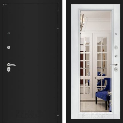 Входная дверь CLASSIC шагрень черная с Зеркалом Фацет - Белый софт