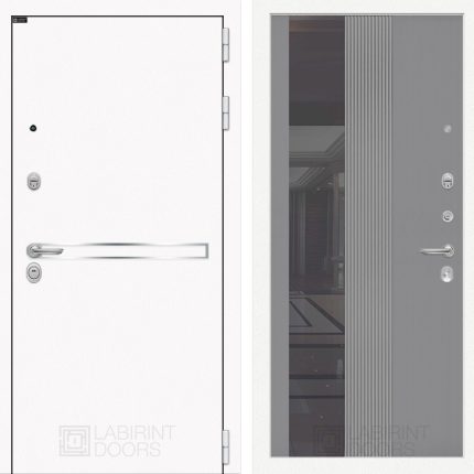Входная дверь Лайн WHITE с Зеркалом 32 тонированным - Серый рельеф софт
