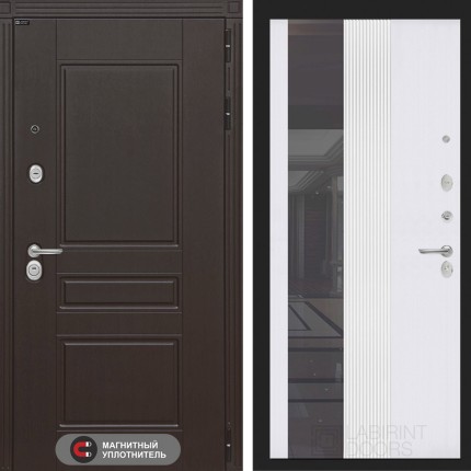 Входная дверь Мегаполис с Зеркалом 32 тонированным - Белый рельеф софт