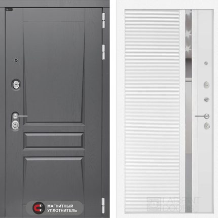 Входная дверь Платинум 31 - Белый софт, зеркальная вставка с тонировкой