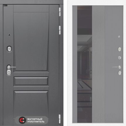 Входная дверь Платинум с Зеркалом 32 тонированным - Серый рельеф софт