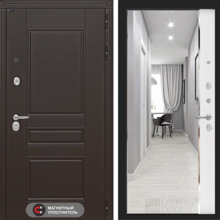 Входная дверь Мегаполис с зеркалом Панорама - Белый софт